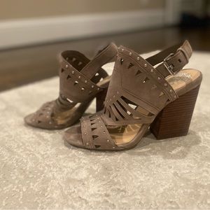 Vince Camuto taupe suede sandal with silver detail. Light wear, size 7 1/2.